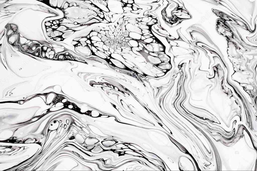 Abstract ink fluid marbled texture. Luxurious granite, marble mineral pattern wallpaper. Black and white minimalist liquid, fluid art backdrop. Oil, paint mix resin artwork